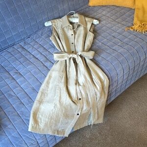 White House Black Market Metallic Gold Sleeveless Button-Front Tie-Waist Dress